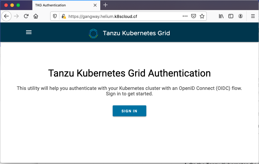 Tanzu Kubernetes Grid Login page by Gangway
