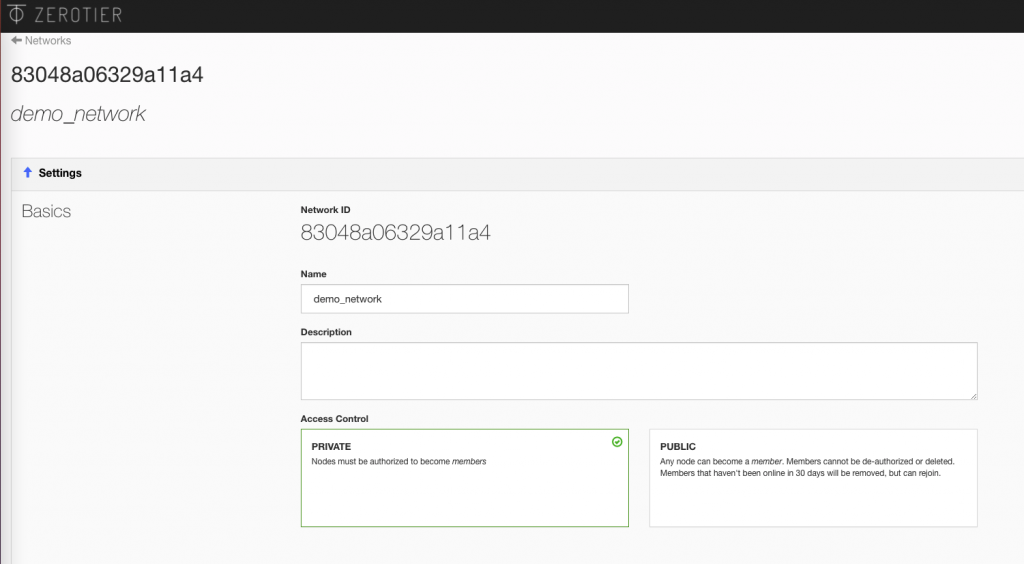 ZeroTier Network Basic Settings